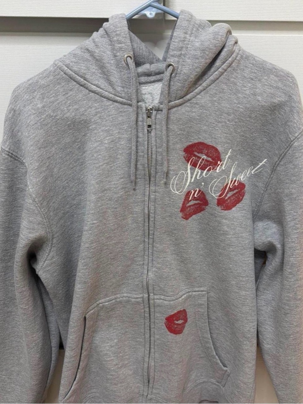 Short n' Sweet Gray Zip-Up Hoodie with Red Lip Print